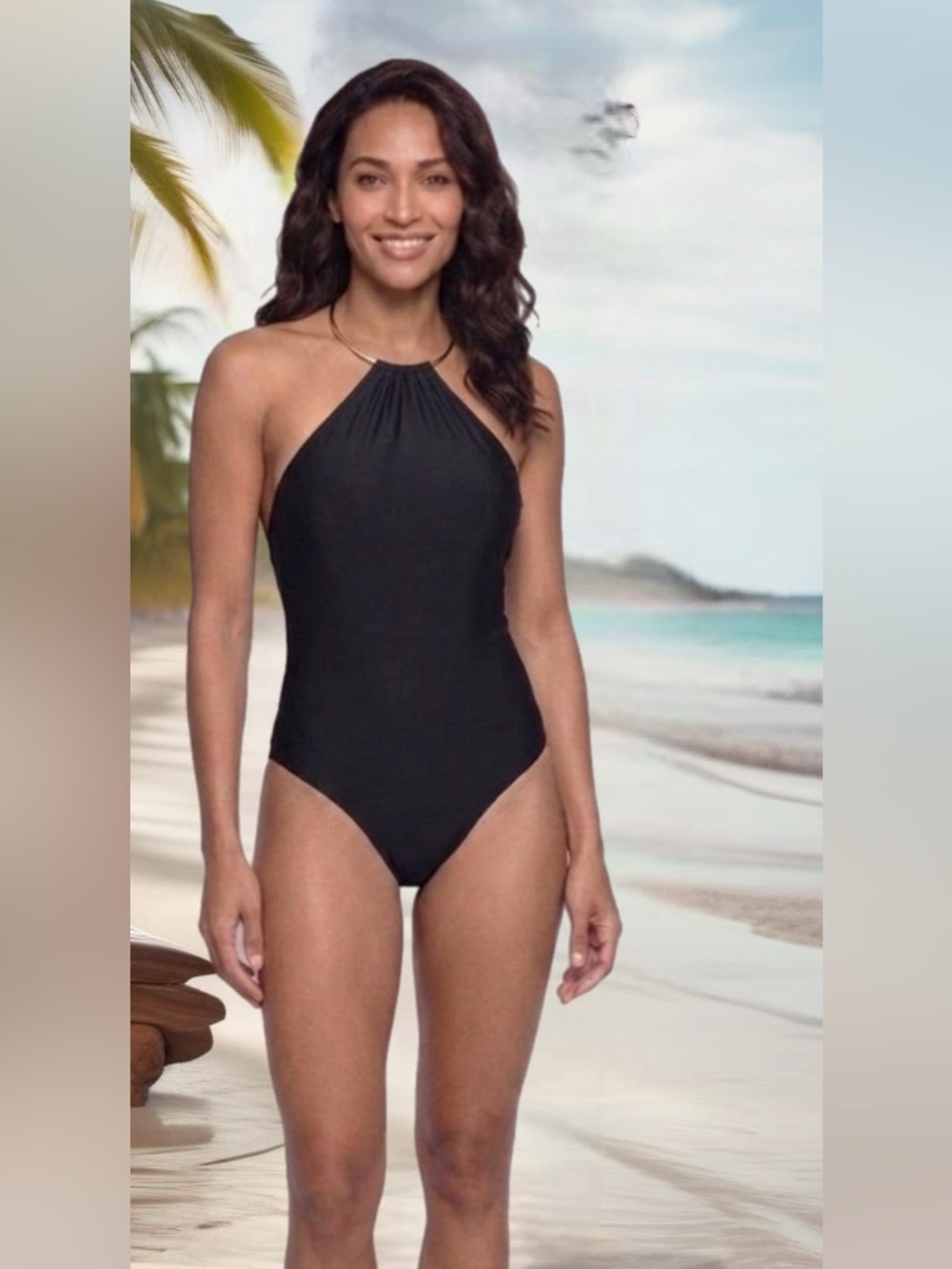 VENUS GLAM Black Halter-Style One-Piece Swimsuit with Gold Accent Size 8